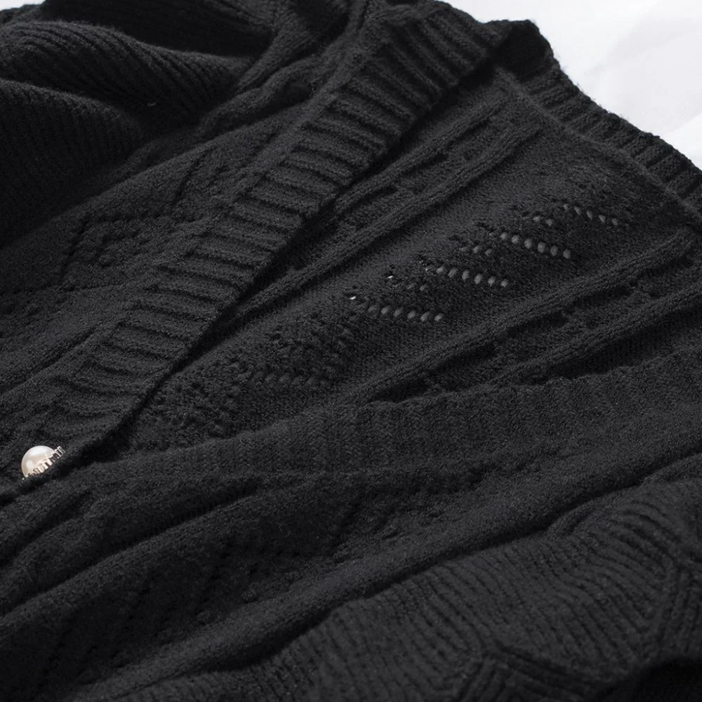 Black Ruffled Buttoned Open Front Knitted Sweater - Picture 10 of 16